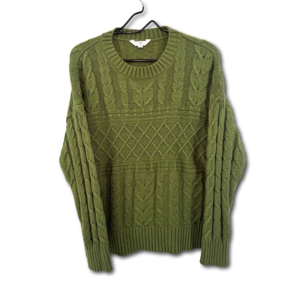 Time and Tru Crewneck Green Sweater Mixed Stitch Woman’s Size Large (12-14)